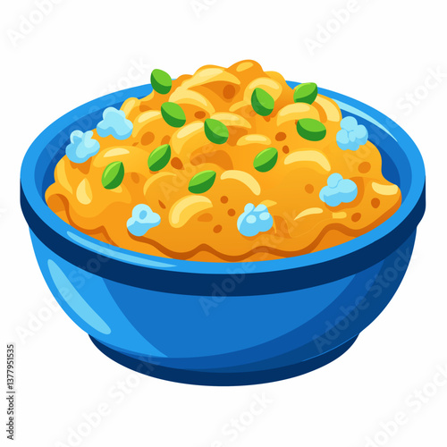 A bowl of pasta topped with fresh blueberries, set against a clean white background.