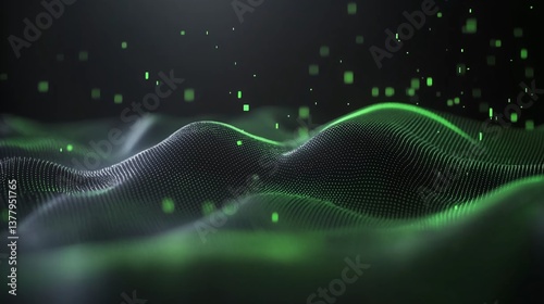 Background with glowing green lines and particles of data flowing in the air. abstract technology background. green wave tech background