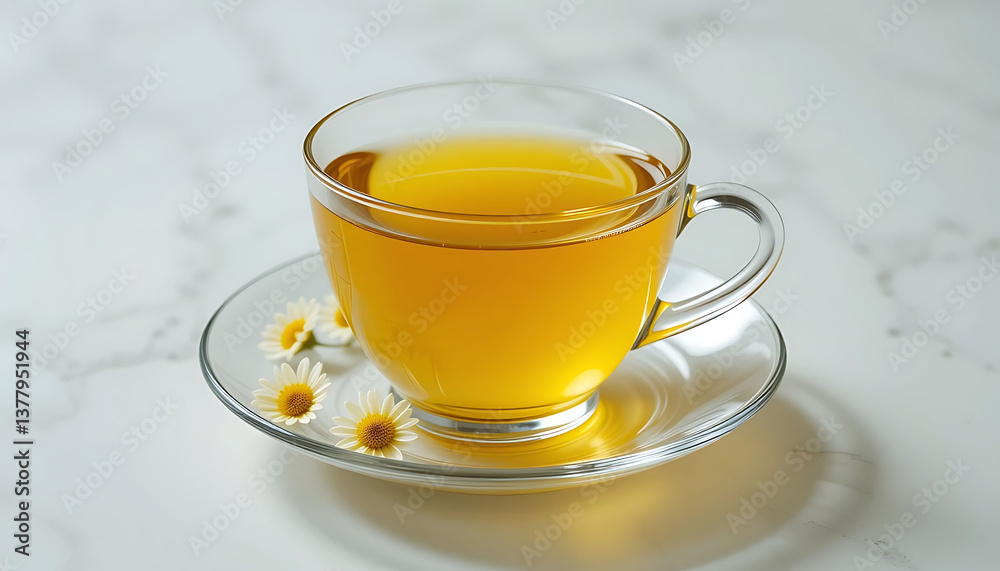 Chamomile Tea in Glass Cup with Chamomile Flowers on Marble Tabletop Chamomile Tea in Glass Cup with Chamomile Flowers on Marble Tabletop