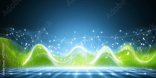 Background with glowing green lines and particles of data flowing in the air. abstract technology background. green wave tech background