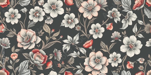 Subtle charcoal floral wallpaper pattern; intricate hand-drawn details, seamless repeat, home, pattern