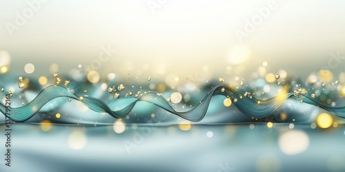 Background with glowing green lines and particles of data flowing in the air. abstract technology background. green wave tech background