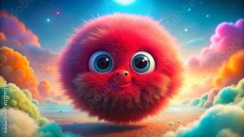 Fluffy pink creature floating above a colorful landscape of pastel clouds at sunset