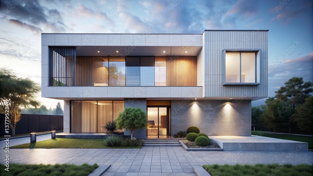 Modern Architectural Design of a Luxurious Two-Story Residence with Expansive Windows and a Well-Landscaped Front Yard at Dusk