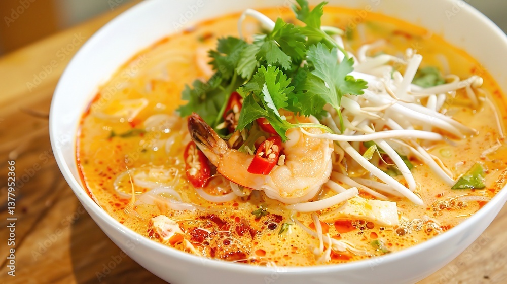 An appealing bowl of laksa is presented. The laksa features thick, chewy rice noodles submerged in a rich, spicy and creamy coconut - based broth. The broth is a complex blend of various spices An appealing bowl of laksa is presented. The laksa features thick, chewy rice noodles submerged in a rich, spicy and creamy coconut - based broth. The broth is a complex blend of various spices
