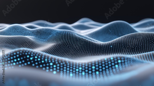 Background with glowing green lines and particles of data flowing in the air. abstract technology background. green wave tech background