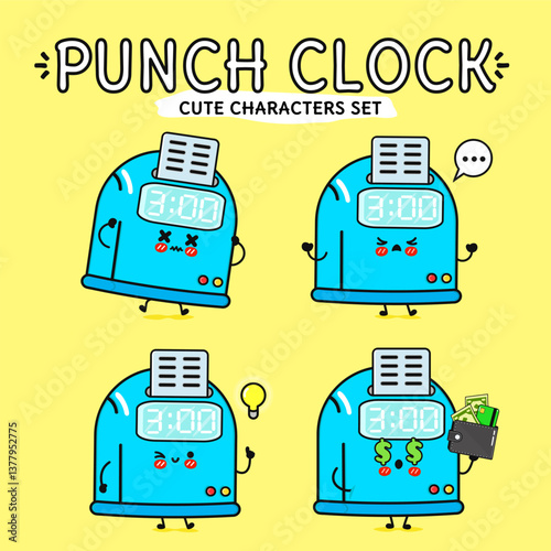 Cheerful punch clock characters express a range of emotions in a cute, cartoon style design.