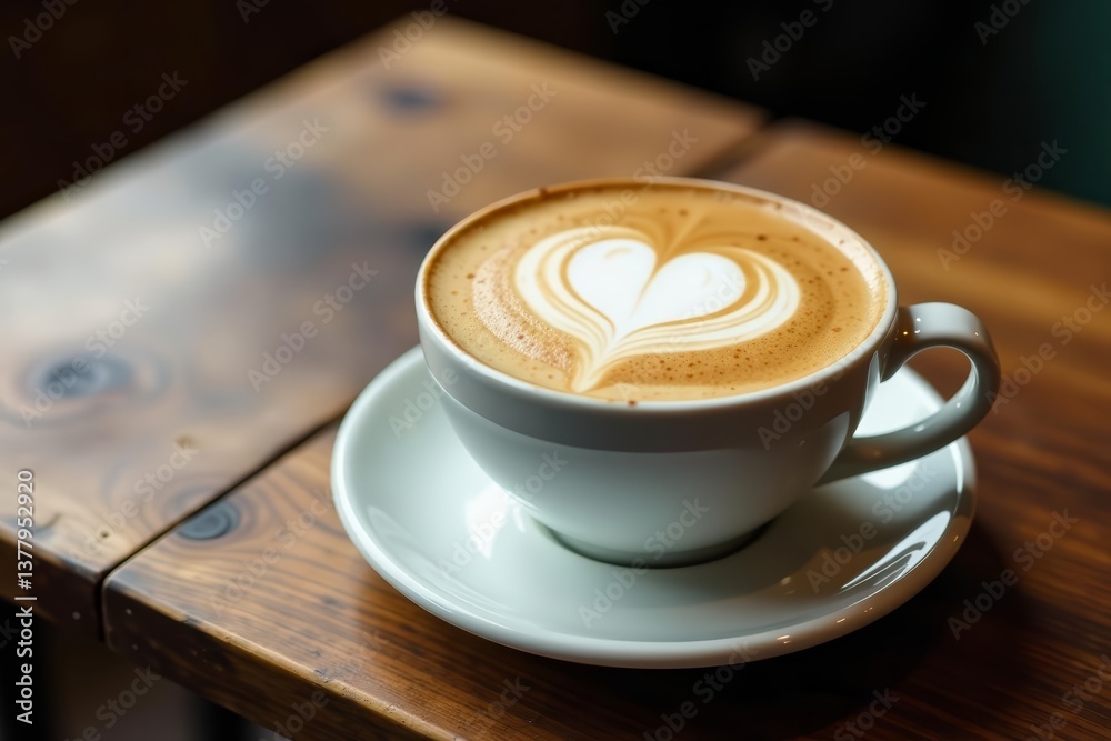 Heart shape latte art on rustic wooden table, cozy cafe ambiance, heart, latte art, wooden table