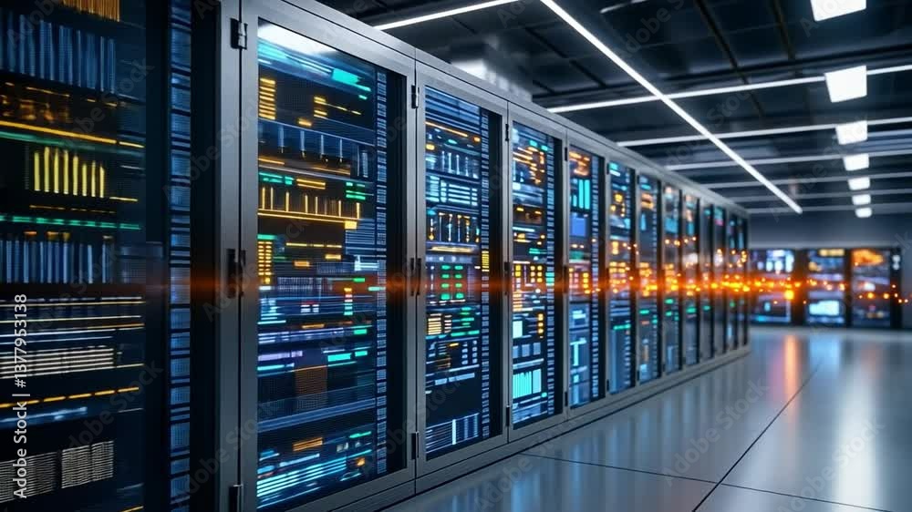 Data Center: Illustrative image of a futuristic data center, a hub of modern technology. A server room with powerful hardware displays the essence of digital infrastructure. Data Center: Illustrative image of a futuristic data center, a hub of modern technology. A server room with powerful hardware displays the essence of digital infrastructure.