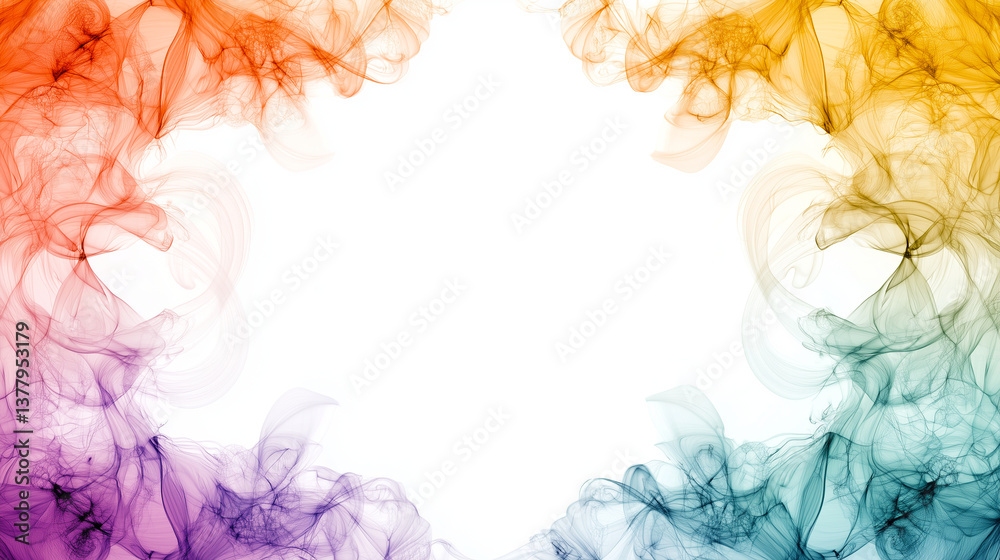 Colorful flowing smoke frame on white background perfect for creative posters, digital presentations, and modern art-inspired print designs Colorful flowing smoke frame on white background perfect for creative posters, digital presentations, and modern art-inspired print designs