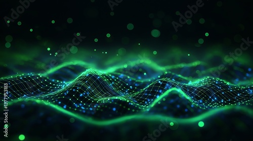 Background with glowing light blue and green lines, particles of data flowing in the air. abstract technology background. green wave tech background
