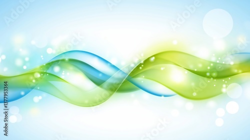 Background with glowing light blue and green lines, particles of data flowing in the air. abstract technology background. green wave tech background