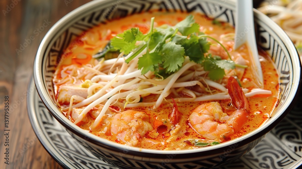 An appealing bowl of laksa is presented. The laksa features thick, chewy rice noodles submerged in a rich, spicy and creamy coconut - based broth. The broth is a complex blend of various spices An appealing bowl of laksa is presented. The laksa features thick, chewy rice noodles submerged in a rich, spicy and creamy coconut - based broth. The broth is a complex blend of various spices