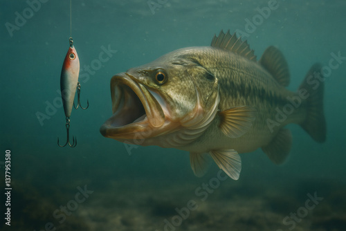 Largemouth bass underwater aiming at suspended lure