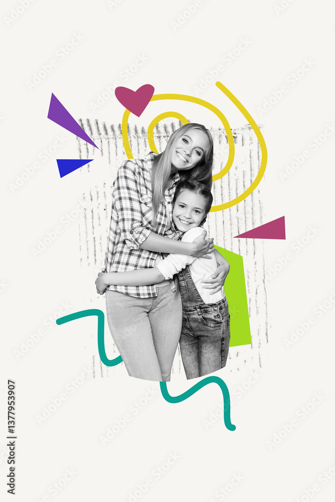 Obraz premium Trend artwork banner sketch 3D photo collage of young lady hugs daughter school age gratitude bonding springtime joy motherhood happiness
