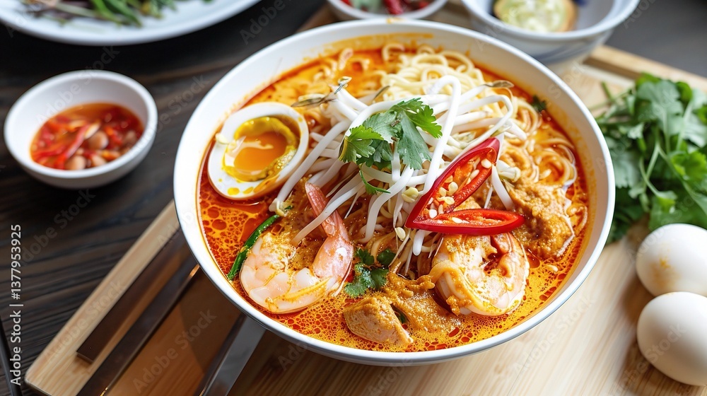 An appealing bowl of laksa is presented. The laksa features thick, chewy rice noodles submerged in a rich, spicy and creamy coconut - based broth. The broth is a complex blend of various spices An appealing bowl of laksa is presented. The laksa features thick, chewy rice noodles submerged in a rich, spicy and creamy coconut - based broth. The broth is a complex blend of various spices