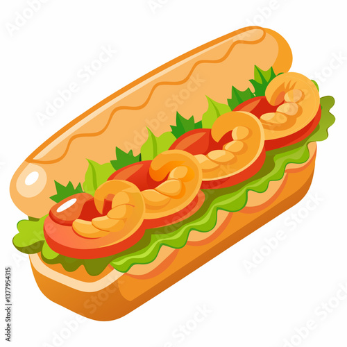 Hotdog vector illustration on a white background, showcasing a classic sausage in a bun with condiments.