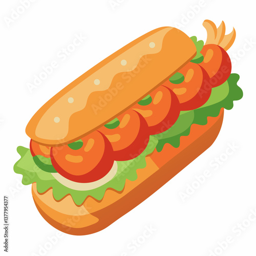 Hotdog vector illustration on a white background, showcasing a classic sausage in a bun with condiments.