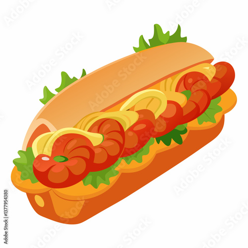 Hotdog vector illustration on a white background, showcasing a classic sausage in a bun with condiments.