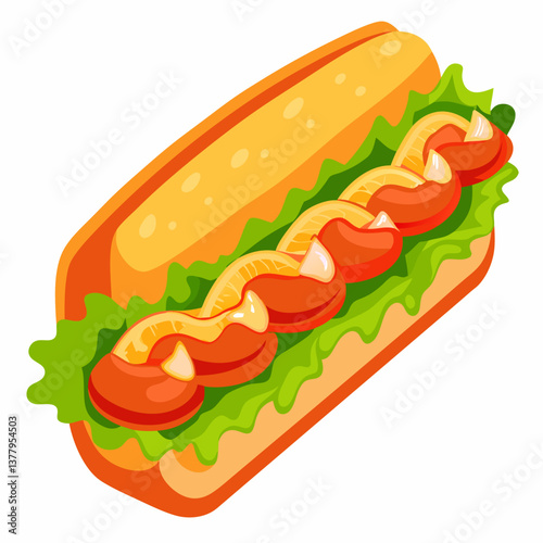 Hotdog vector illustration on a white background, showcasing a classic sausage in a bun with condiments.