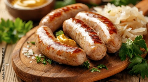 A serving of German bratwurst with sauerkraut and mustard on a wooden platter.