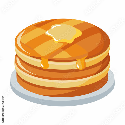 Stack of fluffy pancakes drizzled with syrup and honey, served on a white plate with a light background.