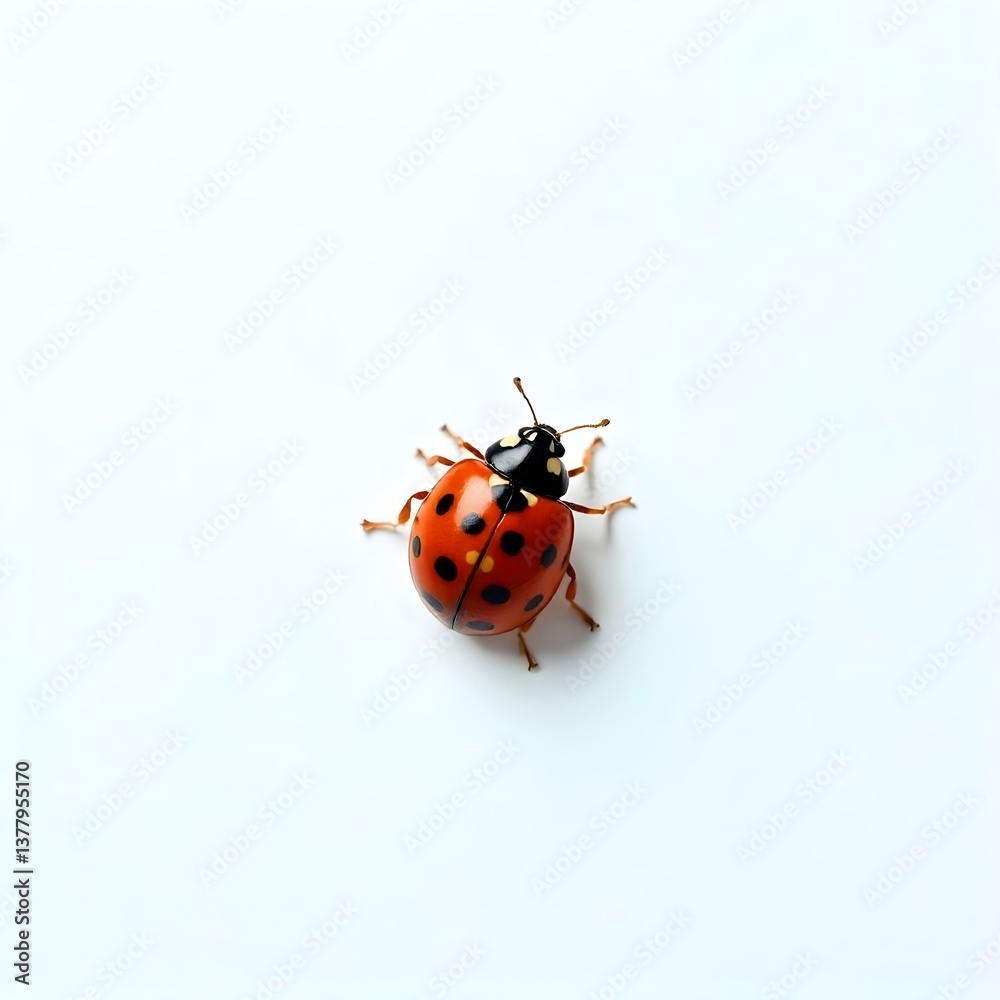 Fototapeta premium A tiny ladybug crawling on white background