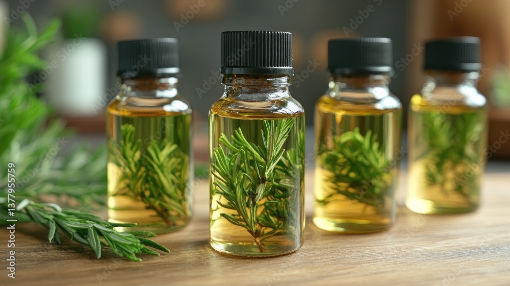 Four small bottles filled with yellow liquid and green sprigs, on a wooden surface Four small bottles filled with yellow liquid and green sprigs, on a wooden surface