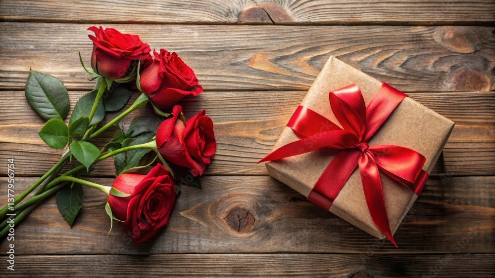 A romantic gift presentation featuring a kraft paper gift box adorned with a vibrant red ribbon and a captivating bouquet of four deep red roses on a rustic wooden surface. A romantic gift presentation featuring a kraft paper gift box adorned with a vibrant red ribbon and a captivating bouquet of four deep red roses on a rustic wooden surface.