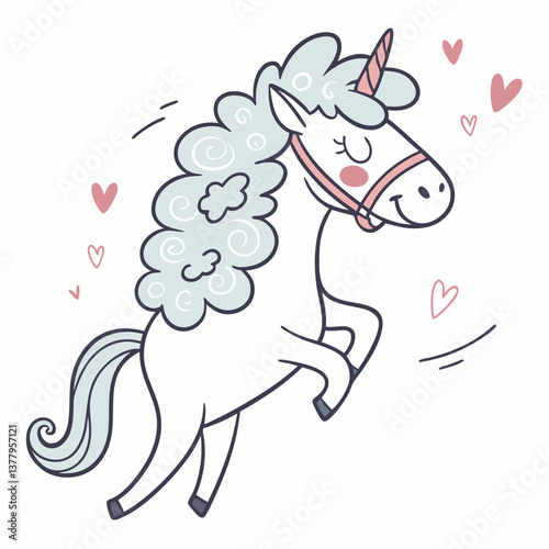 Cute unicorn prancing joyfully with hearts in the background  