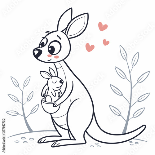 Cute kangaroo holding baby in pouch with hearts in nature  