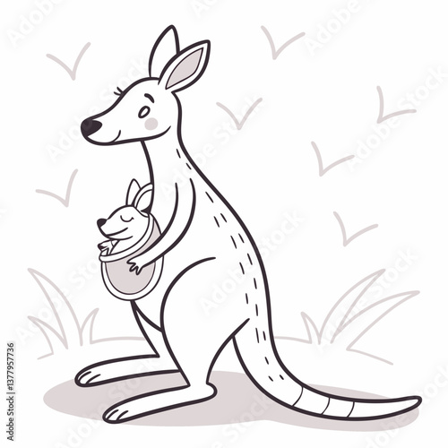 Adorable kangaroo with baby cuddling in pouch against a simple background  