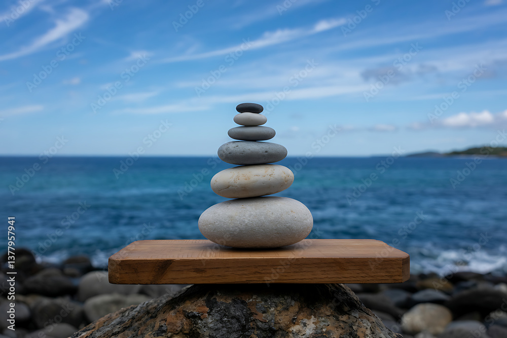Concept of Harmony and Balance – Stacked Stones Against the Sea, Tranquil Nature and Mindfulness Visualization Concept of Harmony and Balance – Stacked Stones Against the Sea, Tranquil Nature and Mindfulness Visualization