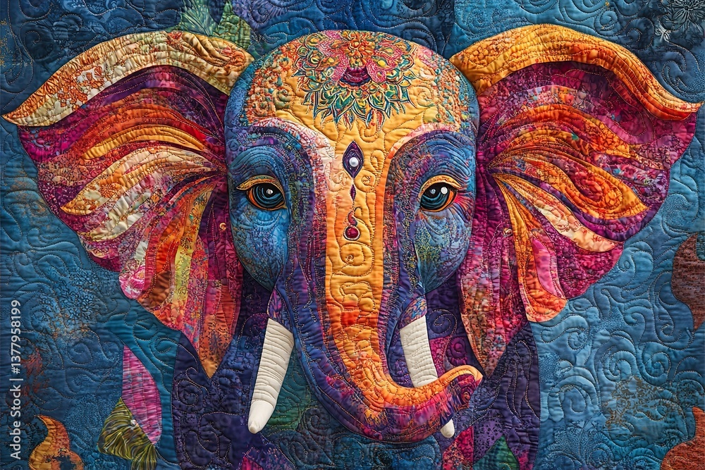Obraz premium Colorful patchwork elephant head adorned with ornate stitched embellishments on a quilt