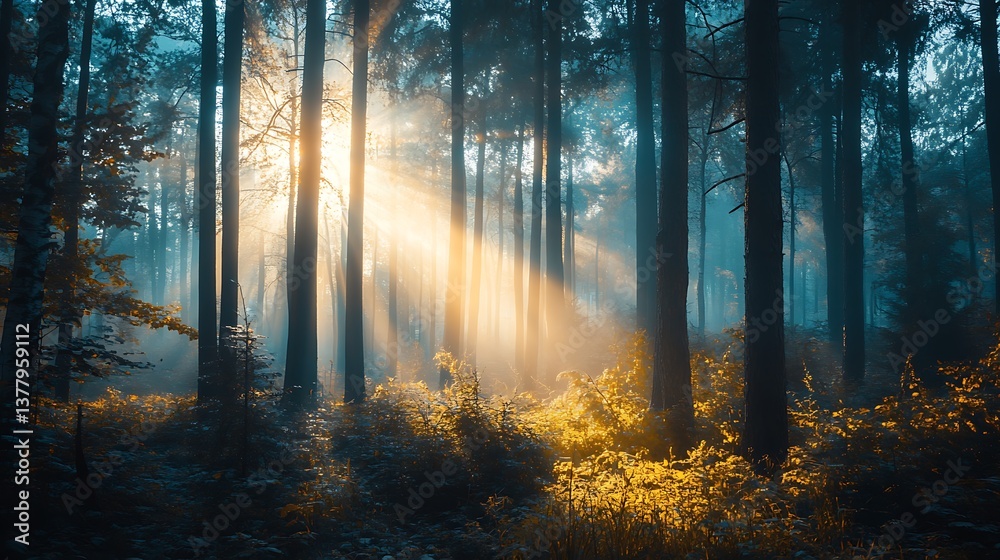 Fototapeta premium Sunrise through the misty forest with sunlight streaming through trees and fog