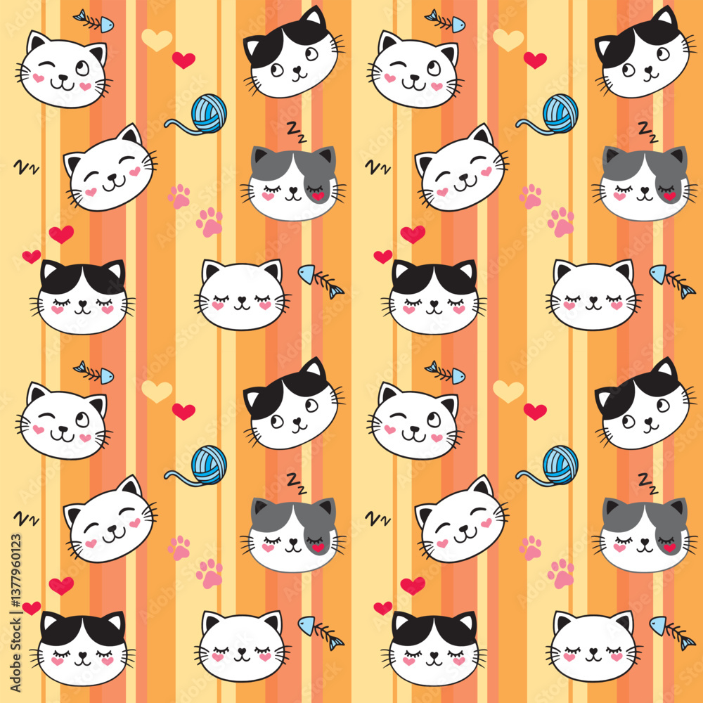 Fototapeta premium Playful cat-themed seamless pattern with adorable feline faces, yarn, and fishbones on a warm yellow-orange striped background. Ideal for kids' fabric and decor.