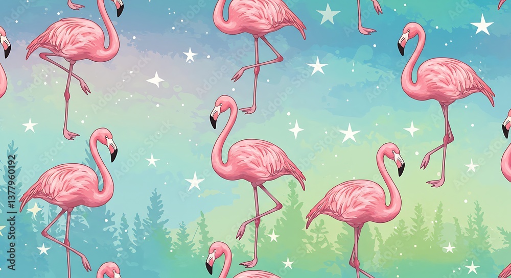 Obraz premium Cosmic Flamingo Flock AI Generated