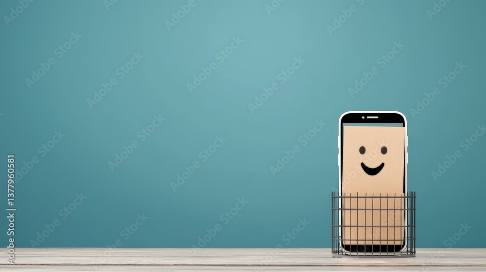 Import Tariffs trade impact concept. A phone with a smiley face in a basket on a wooden surface.