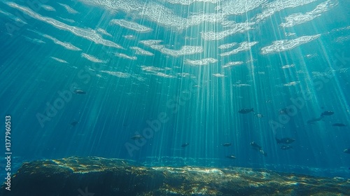 Underwater Light Rays with Fish Swimming in Clear Blue Ocean