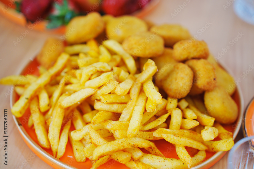 Freshly prepared fries and golden nuggets served on a vibrant plate Freshly prepared fries and golden nuggets served on a vibrant plate