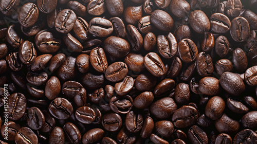 Granos de café oscuros en vista cercana sobre fondo negro.
