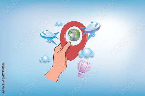The concept of booking flights online, geolocation. 
Planning of tourist trips and vacations. Vector image
