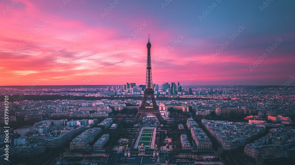 Fototapeta premium The breathtaking view from the top of the Eiffel Tower, overlooking the rooftops of Paris at sunset.