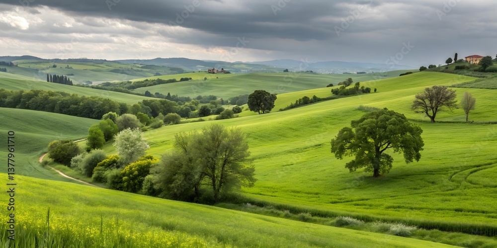 Obraz premium Stunning Natural Farm with Vibrant Trees and Colorful Flowers