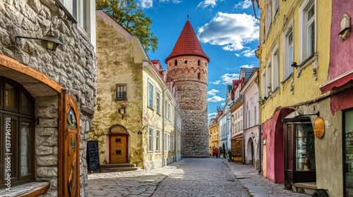 The charming old town of Tallinn, Estonia, with medieval towers and colorful buildings.