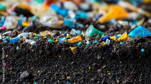 Garbage Nature Trash, view of soil polluted with multicolored microplastics