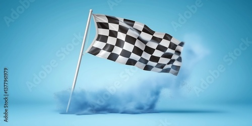Checkered flag graphic design with an abstract background of dust and particles, a dynamic racing theme.