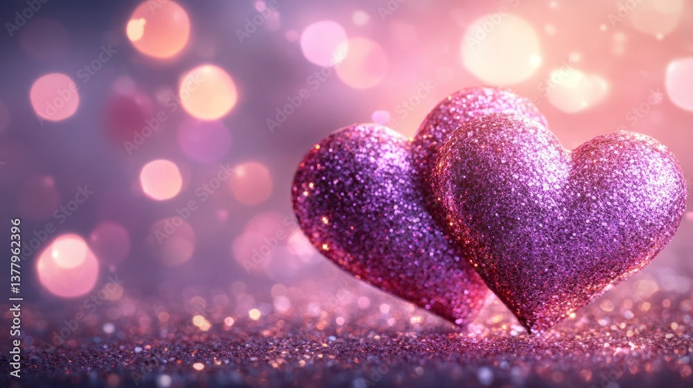 Fototapeta premium Two pink glitter hearts on sparkling background.