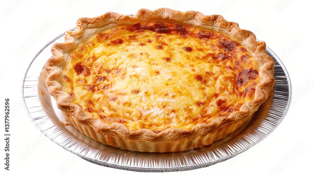 An inviting quiche Lorraine is attractively displayed. The quiche Lorraine has a golden - brown, flaky pastry crust that holds a rich and creamy filling An inviting quiche Lorraine is attractively displayed. The quiche Lorraine has a golden - brown, flaky pastry crust that holds a rich and creamy filling