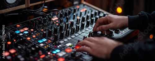 Hands adjusting settings on a sound mixer with colorful lights in a music studio environment.